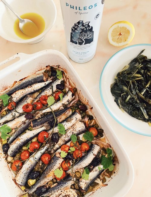 Baked Sardines with Olive Oil, Lemon and Honey Dressing